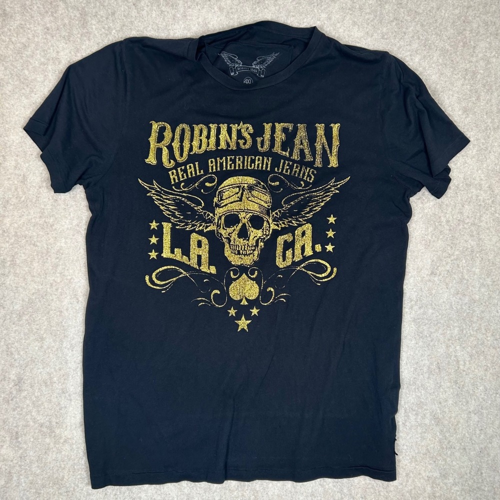 Robin's Jean Graphic T-Shirt Mens 4XL Black Gold Glitter Skull Wings Streetwear‎